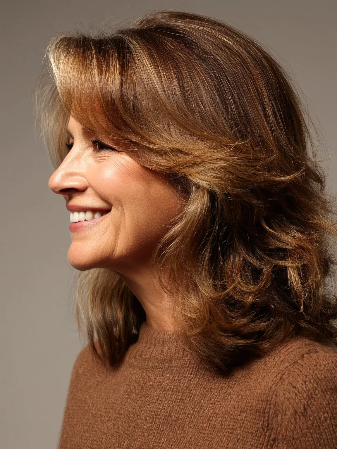 Honey-Highlighted Caramel Brown Layered Shag with Volume